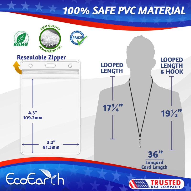 EcoEarth - 3x4 Vertical ID Badge Holder with Lanyard - Premium 50 PK, Black - Bulk Name Badge Holder and Lanyards Set - Clear Card Identification Tag Set - Image 2